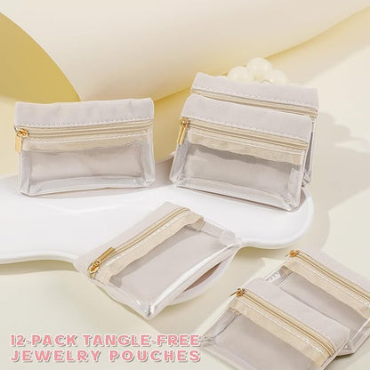 Jewelry Organizer Storage Pouches, Travel Jewelry Organizer Velvet Jewelry Pouch with Zipper Clear Travel Jewelry Bag for Travel Business Trip Mother‘s Day Gift for Mom Wife Women (Beige-12Pcs)