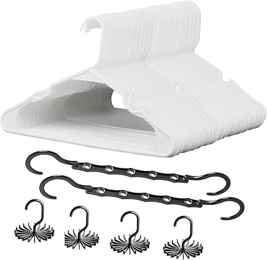 VECELO 100 Pack Plastic Hangers-Clothes Hangers Set with Shoulder Grooves for Closet Space Saving-Heavy Duty Coat Hanger,White