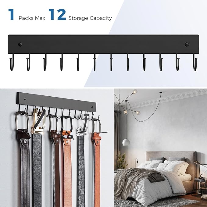 Belt Hanger Wall Mounted, Wooden Belt Organizer Max 12 Storage Capacity, 180° Rotating Space Saving Hangers for Ties, Tank Tops, Scarves, Bras, Keys, Bags 1 Pcs Black