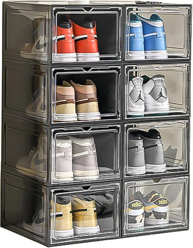 XXL Drop Front Shoe Storage Box Stackable, 8 Pack Shoe Display Case Fit US 15,Sneaker Storage Shoe Containers with Magnetic Door（8 PACK BLACK