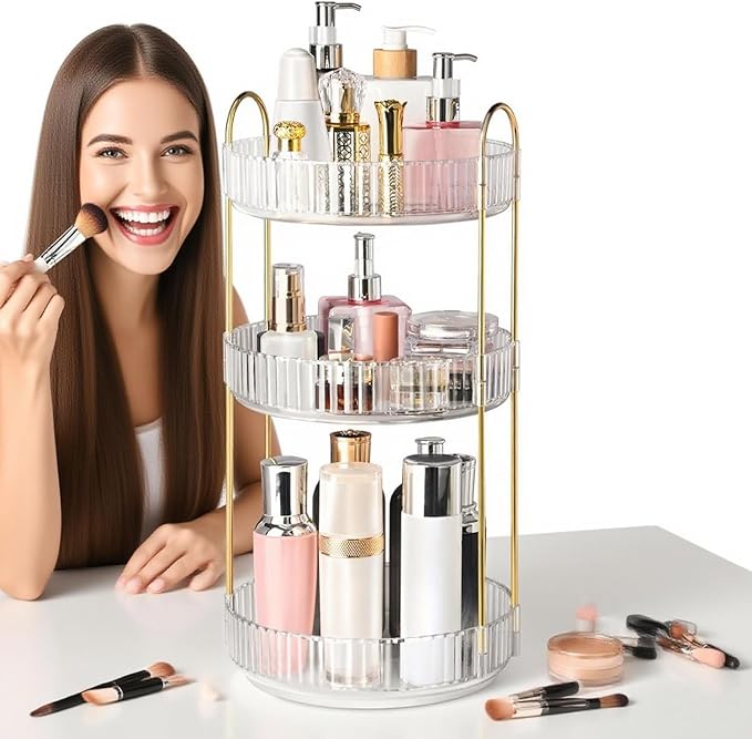 360° Rotating Makeup Organizer for Vanity, 3 Tier Perfume Organizers Skincare Organizers and Storage for Bathroom Countertop, Spinning Cosmetic Organizer for Bedroom Dresser Counter (Clear)