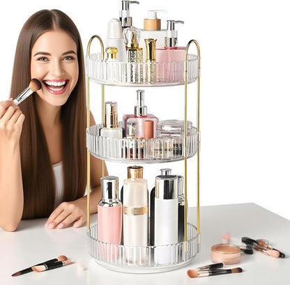 360° Rotating Makeup Organizer for Vanity, 3 Tier Perfume Organizers Skincare Organizers and Storage for Bathroom Countertop, Spinning Cosmetic Organizer for Bedroom Dresser Counter (Clear)