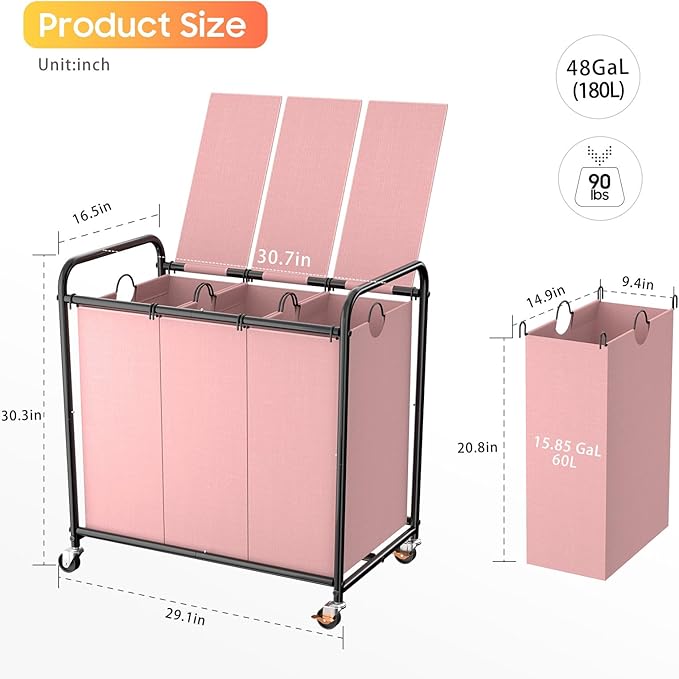 180L (47.55 Gal) Laundry Sorter 3 Section, Rolling Laundry Basket with Lockable Wheels and Lid, Laundry Hamper with 3 Separated Removable Bags Dirty Clothes Hamper for Laundry Room Organizer, Pink