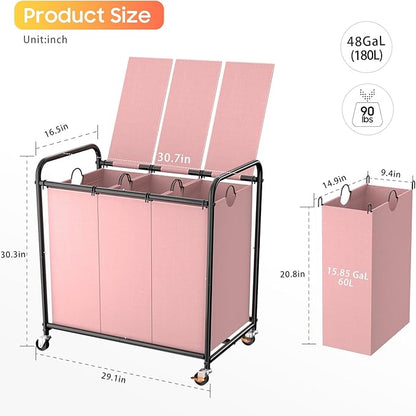 180L (47.55 Gal) Laundry Sorter 3 Section, Rolling Laundry Basket with Lockable Wheels and Lid, Laundry Hamper with 3 Separated Removable Bags Dirty Clothes Hamper for Laundry Room Organizer, Pink