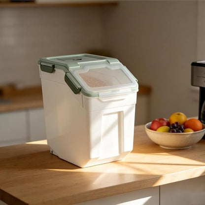 RUIAN Large Airtight Storage Container,25lb Flour Rice Storage Containers Bin with Wheels Seal Locking Lid, with Measuring Cup&Scoop for Flour, Rice, Grain100LBS Total(Green, 4PCS)