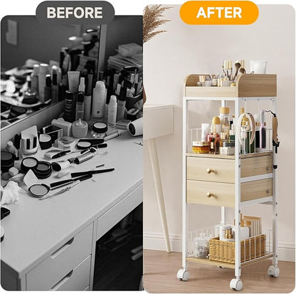 Makeup Organizer Cart, Rolling Floor Skincare Organizer and Storage with 2 Wooden Drawers, Cosmetics Display Cases Holder for Skin Care Perfume Hair Tools Nail Polish