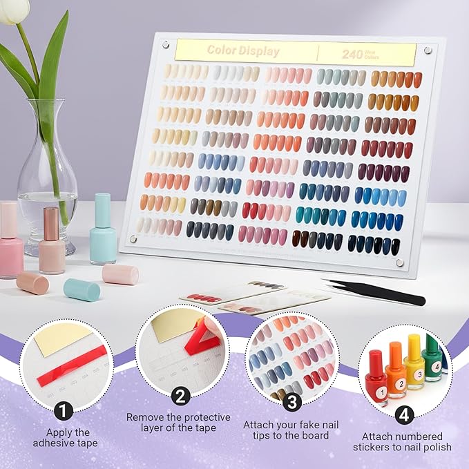 Segbeauty 240 Colors Large Nail Art Display Board Set, Acrylic Fingernail Color Showing Shelf for Displaying and Practice, Nails Stand with False Nail Tips Double Sided Tape Tweezers and Number Labels