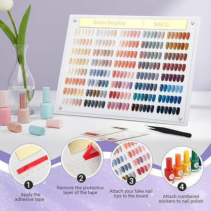 Segbeauty 240 Colors Large Nail Art Display Board Set, Acrylic Fingernail Color Showing Shelf for Displaying and Practice, Nails Stand with False Nail Tips Double Sided Tape Tweezers and Number Labels
