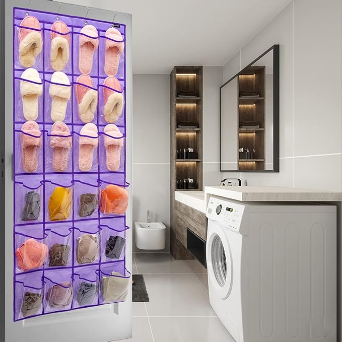 Modern Over the Door Shoe Rack Organizer with 24 Clear PVC Pockets, Purple