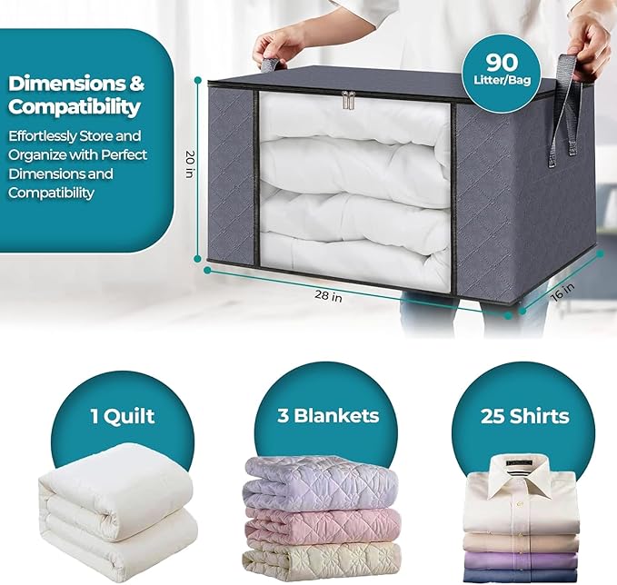 90L Large Storage Bags for Clothes,Blanket and Comforter, 6 Pack Foldable Clothes Storage Bins for Closet Organizer, Storage Containers with Handle, Storage Box
