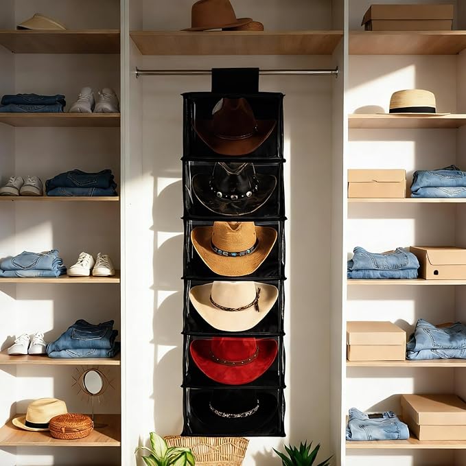 Briwooody 2 Pack XL Cowboy Hat Rack for Closet, 6 Shelf Hanging Hat Organizer for Wide Brim Caps, Dustproof Storage with Cover, Space Saving Closet Organizer for Cowboy Fedora Western Caps