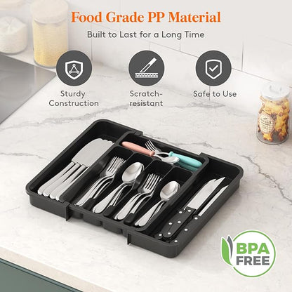 Lifewit Silverware Drawer Organizer, Expandable Utensil Tray for Kitchen, BPA Free Flatware and Cutlery Holder, Adjustable Plastic Storage for Spoons Forks Knives, 8.9-14.7 x 12.2", Black