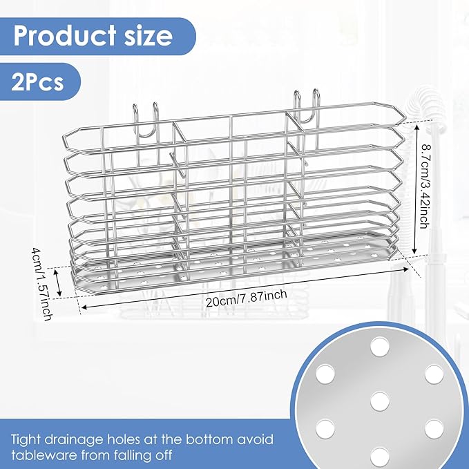 2Pcs Stainless Steel Cutlery Hanging Basket for Knife Fork Spoon,Quick Drying Compartmental Utensil Drainage Rack,Rustproof Hollow Out Utensil Drying Basket for Kitchen
