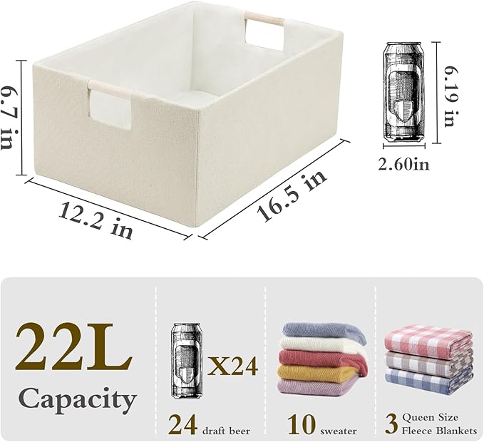 Foldable Fabric Storage Cubes, Cloth Storage Baskets with Wooden Handles, Shelf Closet Organizer Bins, Rectangular Linen Storage Boxes for Decor, 16.5 x 12.2 x 6.7 Inches