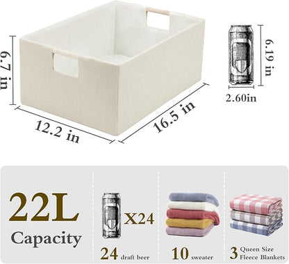 Foldable Fabric Storage Cubes, Cloth Storage Baskets with Wooden Handles, Shelf Closet Organizer Bins, Rectangular Linen Storage Boxes for Decor, 16.5 x 12.2 x 6.7 Inches