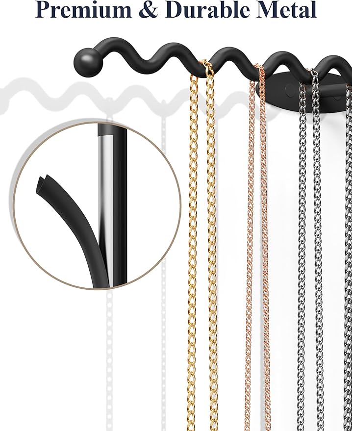 NiHome Wall Mounted Metal Jewelry Organizer Racks for Necklaces, Earrings, Bracelets, Rings, Decorative Display Wave Design Storage Holders for Bedroom, Bathroom, Kitchen, Entryway (4-Pack, Black)