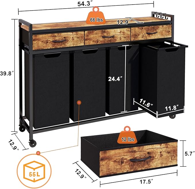 Timberer Laundry Hamper, Laundry Sorter 4 Sections, Rolling Laundry Basket with Wheels, 3 Drawers, 4 × 14.5 Gal (55 L), Pull-Out and Removable Oxford Fabric Bags, Black and Rustic Brown