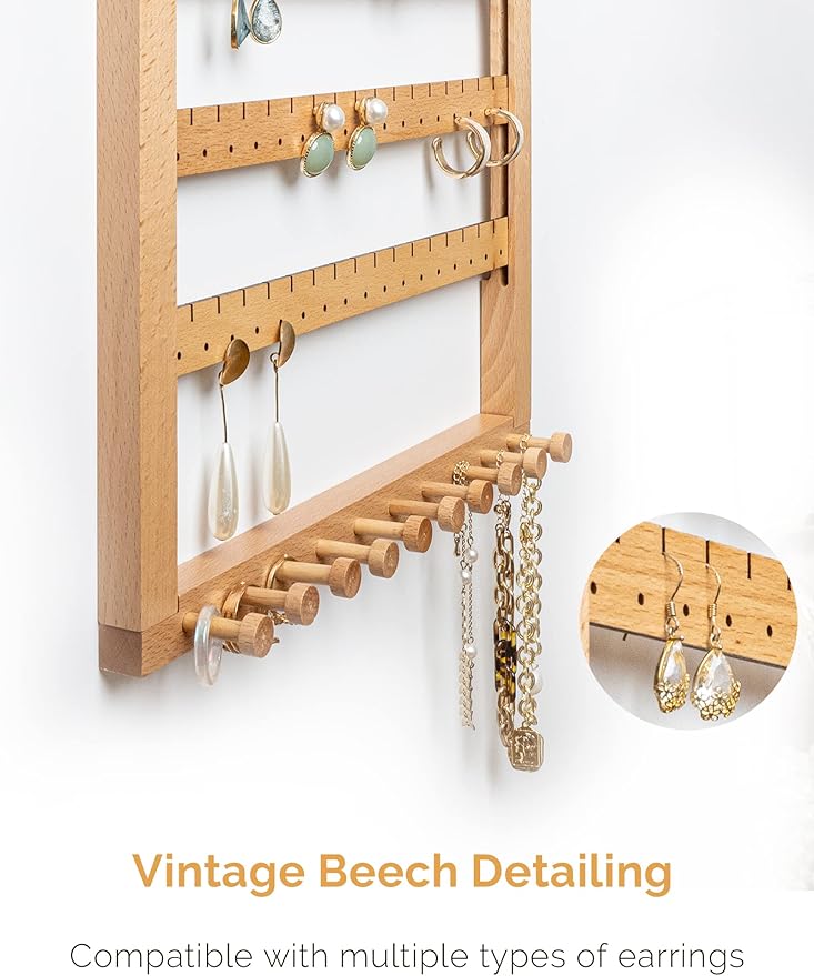 Mymazn Beech Earring Wall Holder Hanging Jewelry Organizer Assembly Display Wall Mount Organizer for Necklaces Rings Scrunchies