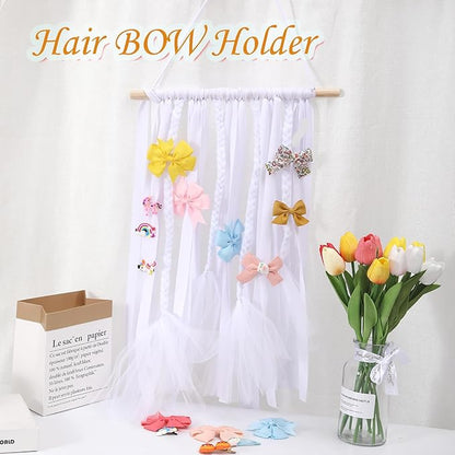 YOcity Bow Holder for Girls Hair Bows Organizer for Girls with Lace Ribbon Perfect for Baby Girl Nursery Room Decor (White)