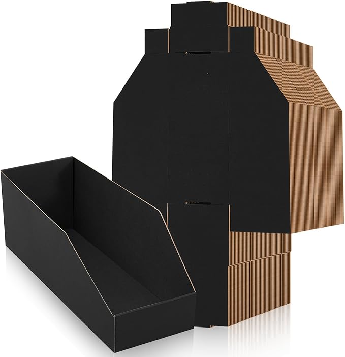 Fuyoooo 30 Pack 12 x 4 x 4. 5 Inches Cardboard Storage Bins Open Top Bin Boxes Black Corrugated Shelf Organizer Bins for Pantry, Parts, Garage, Snacks, Bottles, Cans or Warehouse Home Cubby