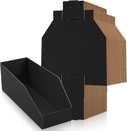 Fuyoooo 30 Pack 12 x 4 x 4. 5 Inches Cardboard Storage Bins Open Top Bin Boxes Black Corrugated Shelf Organizer Bins for Pantry, Parts, Garage, Snacks, Bottles, Cans or Warehouse Home Cubby