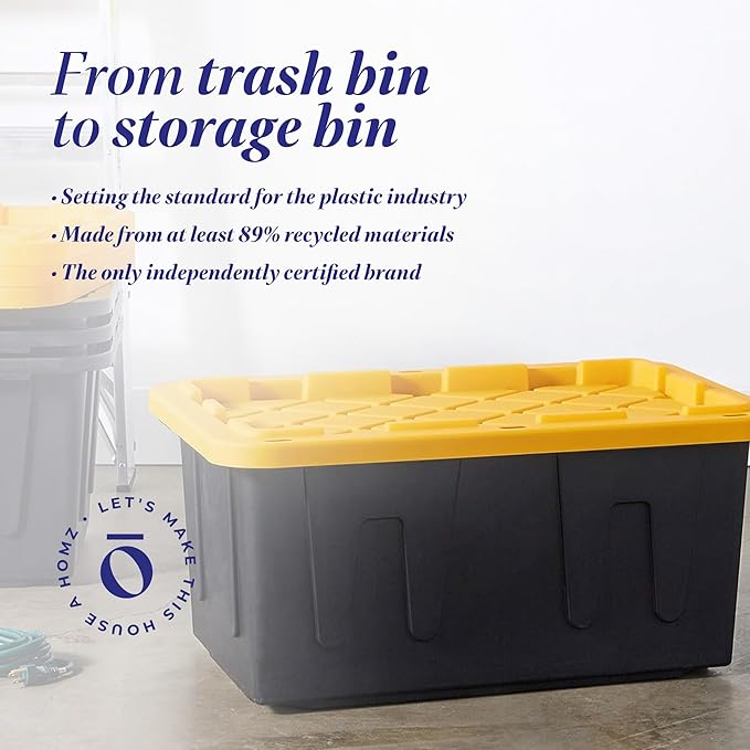 HOMZ 2-Pack Durabilt, Heavy Duty Plastic Storage Bins with Lids, 27 Gallon, Black/Yellow - Stackable Container Boxes for Home, Attic, and Garage Organization
