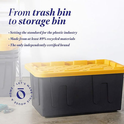 HOMZ 2-Pack Durabilt, Heavy Duty Plastic Storage Bins with Lids, 27 Gallon, Black/Yellow - Stackable Container Boxes for Home, Attic, and Garage Organization