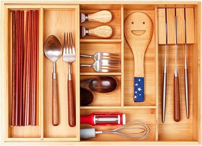 COIWAI Double Layer Bamboo Drawer Organizer Cutlery Utensil Silverware Drawer Organizer, cutlery Silverware Tray for Drawer, Utensil Holder Drawer Dividers for Flatware (L: 16.85 × 12.2 in)