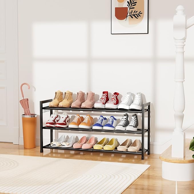 Expandable Shoe Rack for Small Spaces, Adjustable Width 18.5"–33", 3-Tier Sturdy Metal Shoe Organizer for Entryway, Closet, Bedroom Garage Dorm, Free Standing Shoe Organizer 12 Pairs with Hooks, Black
