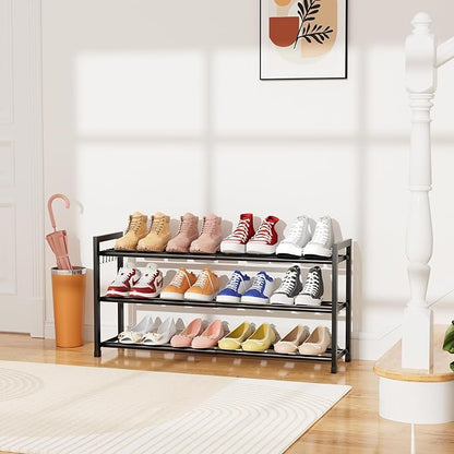 Expandable Shoe Rack for Small Spaces, Adjustable Width 18.5"–33", 3-Tier Sturdy Metal Shoe Organizer for Entryway, Closet, Bedroom Garage Dorm, Free Standing Shoe Organizer 12 Pairs with Hooks, Black
