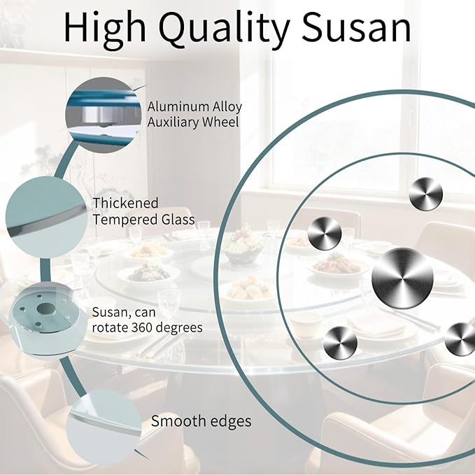 30" Glass Lazy Susan for Dining Table, Glass Turntable Table Centerpiece with 6 Rotating Wheels, 360° Smooth and Silent Spin Tabletop Rotating Tray, for Family Gatherings, Banquets, Weddings, 77 cm