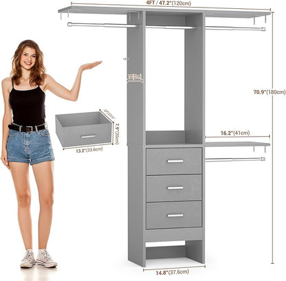 Besiost 4FT Small Closet System with 3 Fabric Drawers, 48'' Closet Organizer System With 3 Adjustable Shelves, Flexible Built-In Clothes Garment Rack for Small Space, 48" L x 13" W x 71" H, Grey