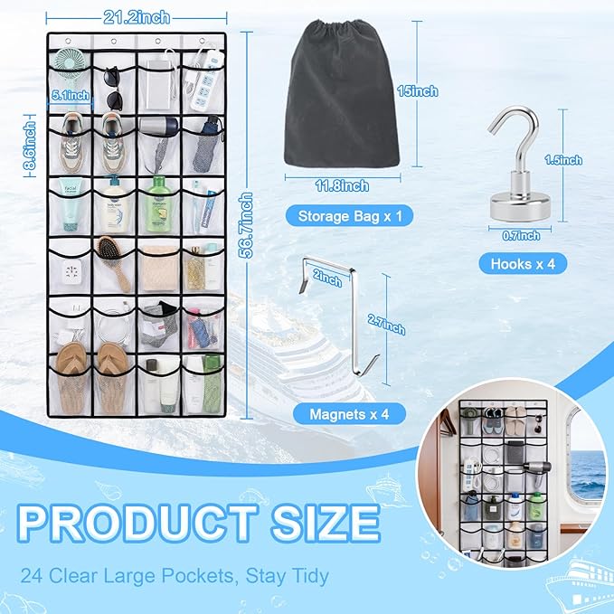 Magnetic Cruise Organizer, Over The Door Organizer for Cruise Ships with 24 Large Clear Pockets, Magnetic Shoe Rack for Door, Hanging Door Organizers for Cabin Cruise Essentials 2026（ 56.7" x 21.2"）