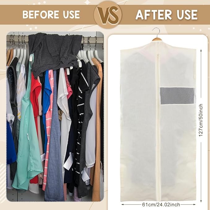 Aliceset 6 Pcs 24 x 50 Inches Cotton Garment Bags for Hanging Clothes, Canvas Suit Bags for Clothes Coats Jackets Shirts Closet Storage Travel Gusseted Hanging Garment Cover