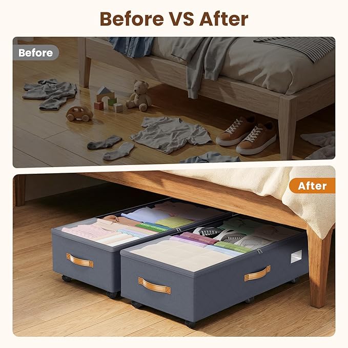 Budding Joy Under Bed Storage with Wheels 2Pack, 80L Height Adjustable Underbed Containers with Clear Lids, Rolling Under Bed Shoe Storage Organizer for Dorm Home Clothes, Blankets, Toys, Grey