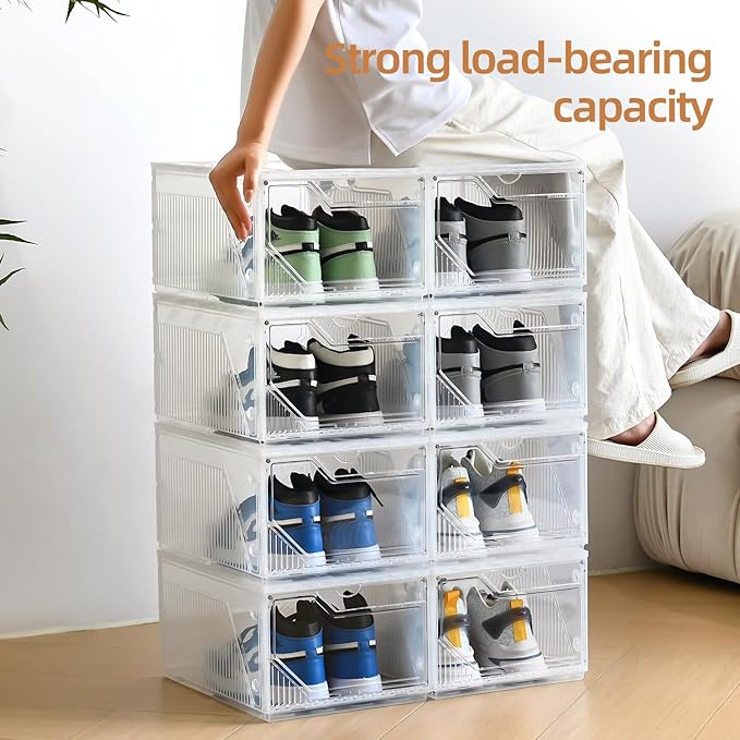 Large Shoe Boxes Clear Plastic Stackable，Drop Front Shoe Box with Clear Door, Shoe Containers For Sneaker Display,Fit up to US Size12 (white clear-Conjoined structure, 6 pack)