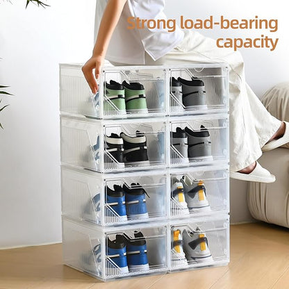Large Shoe Boxes Clear Plastic Stackable，Drop Front Shoe Box with Clear Door, Shoe Containers For Sneaker Display,Fit up to US Size12 (white clear-Conjoined structure, 6 pack)