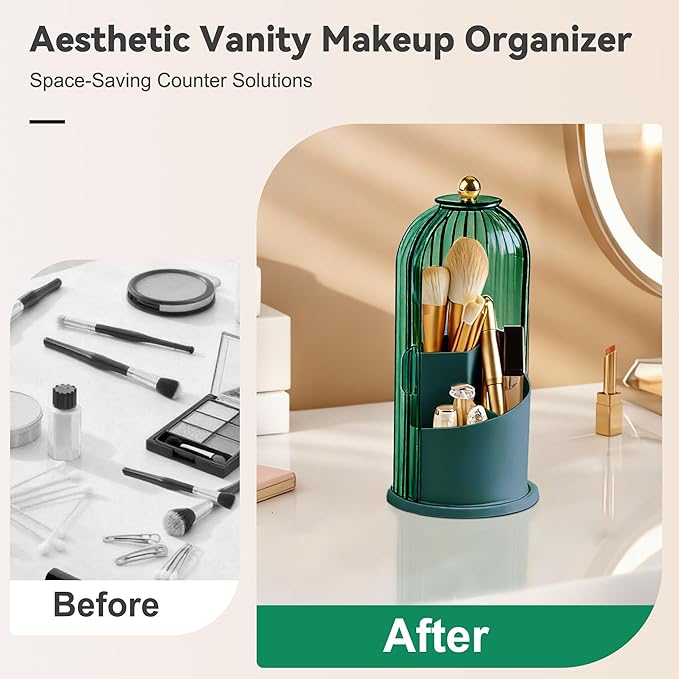 Hvygss 360° Rotating Makeup Brush Holder with Lid, Waterproof Three-Compartment Makeup Organizer, 180° Side-Pull Door Desk Organizer, Dustproof Brush Holder for Vanity and Bathroom (Green)