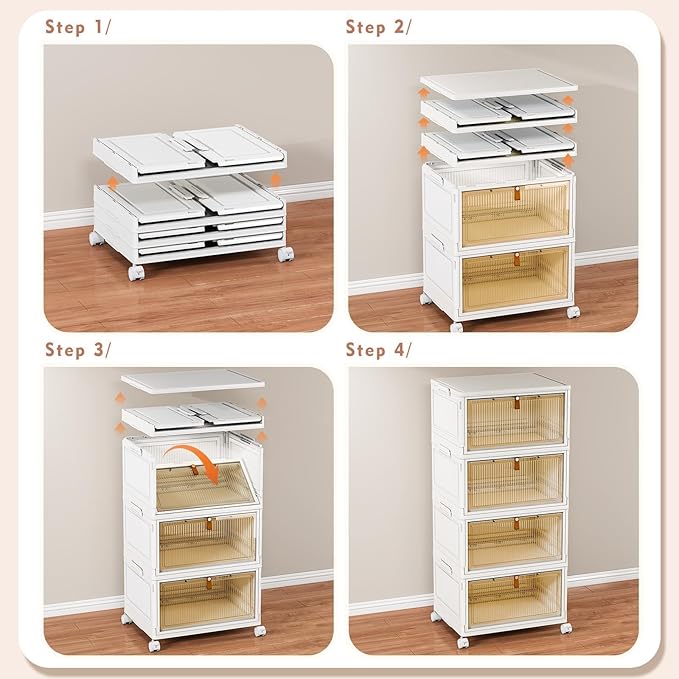 CTSNSLH 4 Tier Plastic Storage Bins with Lid - 28Qt Stackable with Lids for Bedroom, Living Room, Office - Foldable Containers, Household Organization