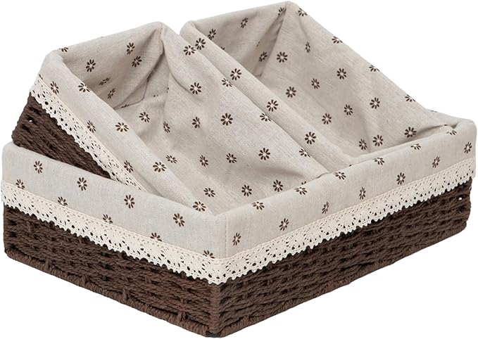 Woven Paper Rope Storage Basket Set with Handles & Liners,Set of 3- Cube Organizers Basket for Drawers, Shelves & Closets, Decorative Home Storage