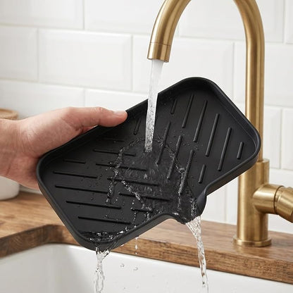 MicoYang Silicone Bathroom Soap Dishes with Drain Spout-Bathroom and Kitchen Sink Organizer,Sponge Holder,Dish Soap Tray,Perfect for Dispenser,Scrubber,Bottle,Cup on Sink or Counter-Black 9.6"×5.3"