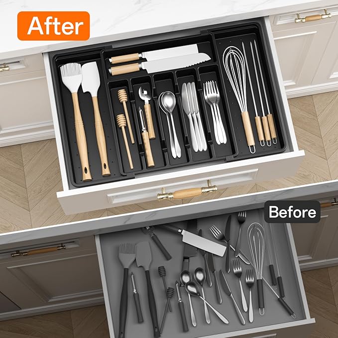 RoomHacks Large Silverware Organizer,Expandable Utensil Drawer Organizer,BPA Free Utensil Holder,Adjustable Silverware Tray Cutlery Drawer Organizer for Kitchen Flatware,Large,Black (6-8 Slots)