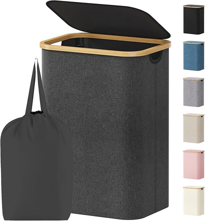 Lifewit 80L Laundry Basket with Lid, Clothes Hampers for Laundry with Bamboo Handles and 1 Removable Bag, Large Foldable Laundry Hamper for Bedroom, Bathroom, Dorm, Laundry Room, Dark Gray