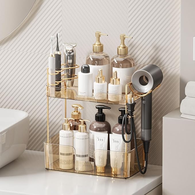 Bathroom Counter Organizer for Vanity, Makeup Organizer Countertop with Holder, Large Capacity Storage Rack, Perfect Large Skincare, Hair Care, Perfume, Easy to Install (Gold, 2Tiers)