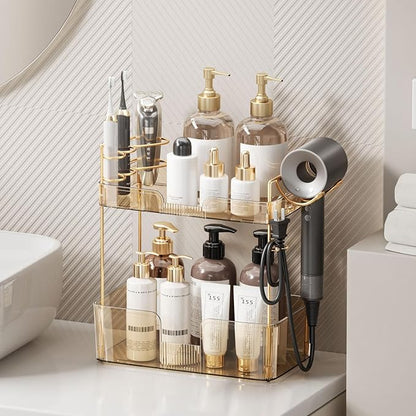 Bathroom Counter Organizer for Vanity, Makeup Organizer Countertop with Holder, Large Capacity Storage Rack, Perfect Large Skincare, Hair Care, Perfume, Easy to Install (Gold, 2Tiers)