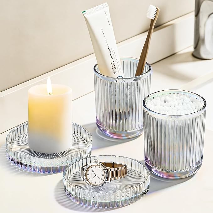 Glass Qtip Dispenser 2 Pack, Clear Bathroom Storage Organizer for Cotton Swabs, Balls, Pads & Floss Picks, Vanity Makeup Essential Accessories (Iridescent)