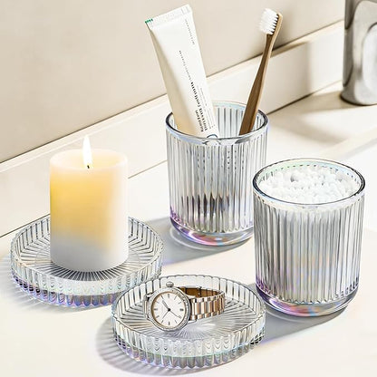 Glass Qtip Dispenser 2 Pack, Clear Bathroom Storage Organizer for Cotton Swabs, Balls, Pads & Floss Picks, Vanity Makeup Essential Accessories (Iridescent)