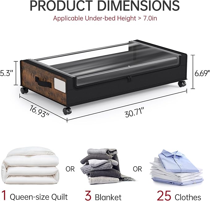 Yecaye Under Bed Storage with Wheels, 2Pack Under Bed Storage Containers, Underbed Shoe Storage Organizer, Rolling Under Bed Metal Drawers for Clothes, Blankets, Brown