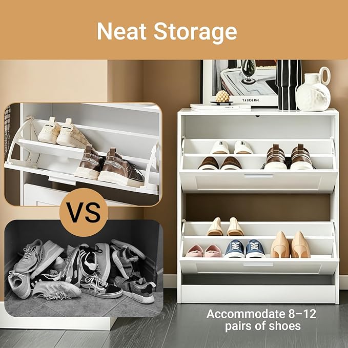 Haotian Shoe Cabinet Storage for Entryway, Narrow Shoe Cabinet with Two Flip Drawers to Save Space, Shoe Rack Cabinet for Front Door Entrance Hallway (White)