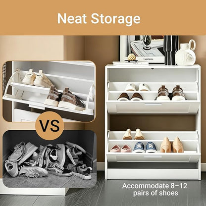 Haotian Shoe Cabinet Storage for Entryway, Narrow Shoe Cabinet with Two Flip Drawers to Save Space, Shoe Rack Cabinet for Front Door Entrance Hallway (White)